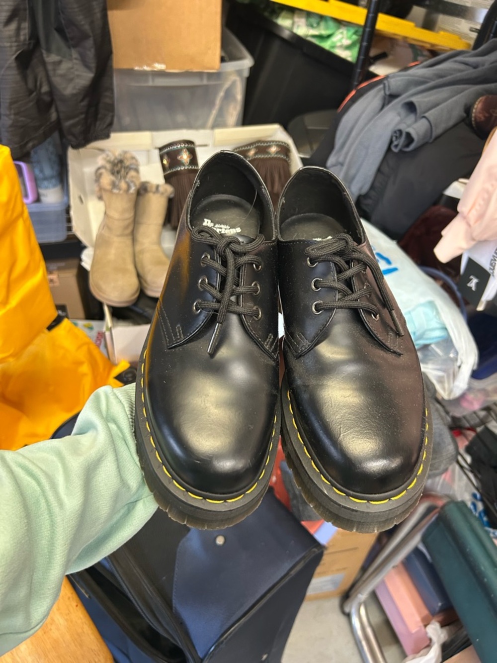 Dr. Martens Black Leather 3-Eye Lace-Up Oxfords with Yellow Stitching